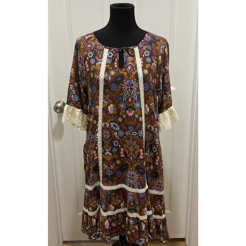 Matilda Jane NWT Intermission Brown Floral Ruffle Lace Peasant Dress Size MEDIUM